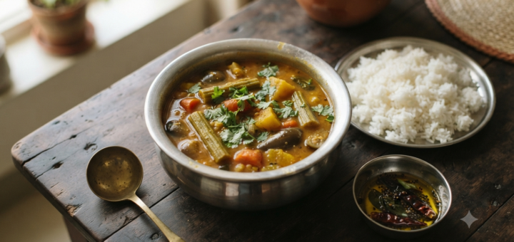 Sambar recipe without coconut served hot in a steel bowl with rice and curry leaves