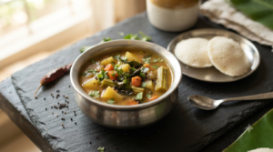 Sambar Recipe Without Dal in a steel bowl with idli and curry leaf tempering