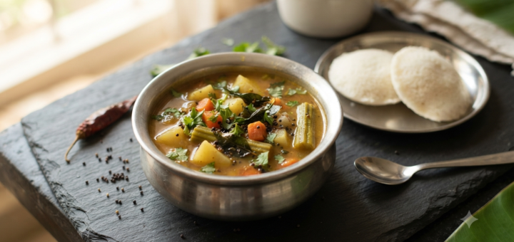 Sambar Recipe Without Dal in a steel bowl with idli and curry leaf tempering