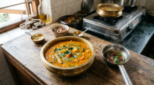 Sambar recipe without onion served hot with tempering of mustard seeds and curry leaves