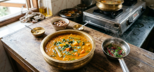 Sambar recipe without onion served hot with tempering of mustard seeds and curry leaves