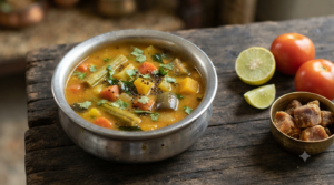 Sambar recipe without tamarind served in a steel bowl with drumstick and carrot pieces