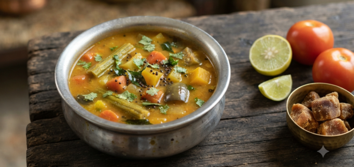 Sambar recipe without tamarind served in a steel bowl with drumstick and carrot pieces