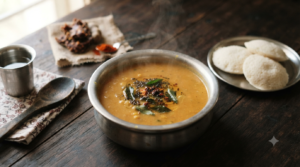 Sambar recipe without vegetables served hot in a steel bowl with idli