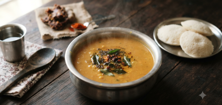 Sambar recipe without vegetables served hot in a steel bowl with idli