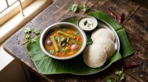 Sambar recipe for idli served hot in a steel bowl beside soft idlis, with drumstick and shallots visible