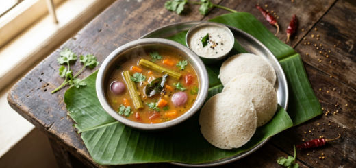 Sambar recipe for idli served hot in a steel bowl beside soft idlis, with drumstick and shallots visible