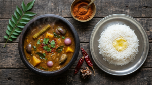 Sambar recipe for rice Tamil Nadu style, thick sambar in a bowl beside steamed rice