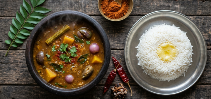 Sambar recipe for rice Tamil Nadu style, thick sambar in a bowl beside steamed rice
