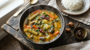 Sambar recipe with jaggery served hot in a bowl with steamed rice, South Indian Udupi style