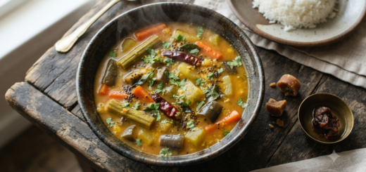Sambar recipe with jaggery served hot in a bowl with steamed rice, South Indian Udupi style