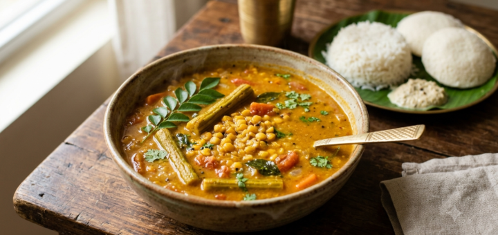 Sambar with chana dal served with vegetables, curry leaves and coriander