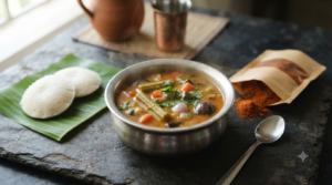 Sambar with readymade sambar powder in a steel bowl beside idli and an open sambar powder pouch