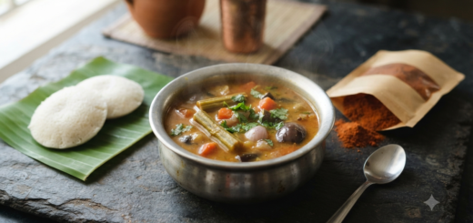 Sambar with readymade sambar powder in a steel bowl beside idli and an open sambar powder pouch