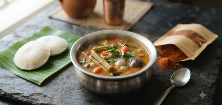Sambar with readymade sambar powder in a steel bowl beside idli and an open sambar powder pouch