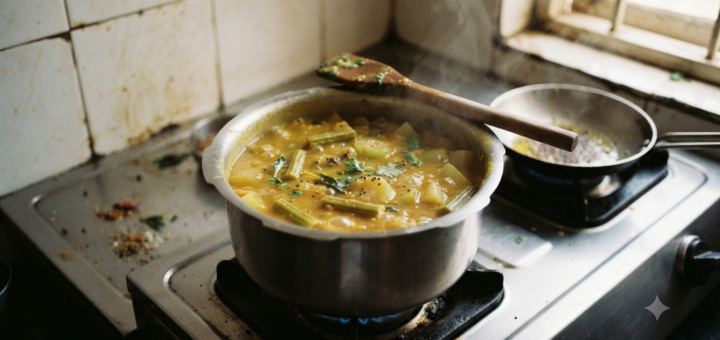 Sambar without pressure cooker simmering in an open pot with drumstick and toor dal
