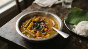 Tamilnadu sambar recipe without onion and garlic in a steel bowl with drumstick and curry leaves