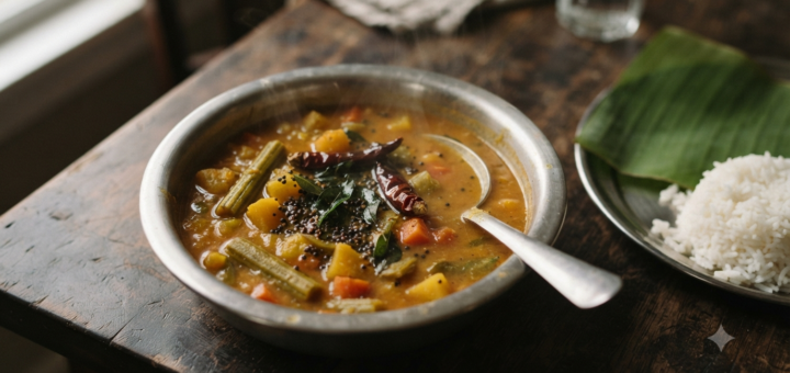 Tamilnadu sambar recipe without onion and garlic in a steel bowl with drumstick and curry leaves