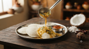 Udupi idli sambar recipe served as soft white idlis with hot coconut-masala sambar