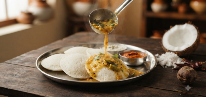 Udupi idli sambar recipe served as soft white idlis with hot coconut-masala sambar