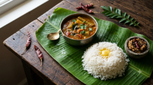 Udupi temple sambar recipe served hot in a steel bowl with rice on a banana leaf
