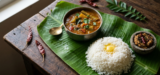 Udupi temple sambar recipe served hot in a steel bowl with rice on a banana leaf