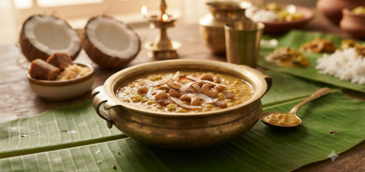 Cherupayar Parippu Payasam Coconut milk recipe with jaggery and fried coconut