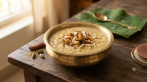 Cherupayar payasam with cow milk, jaggery, roasted moong dal, cashews and raisins
