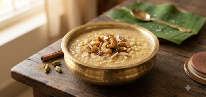 Cherupayar payasam with cow milk, jaggery, roasted moong dal, cashews and raisins