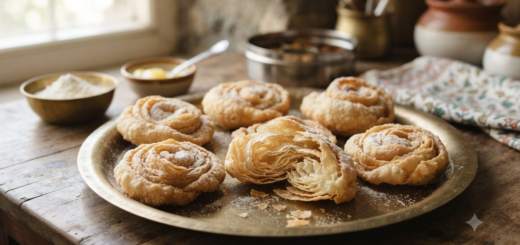 Chiroti Recipe with Rice Flour showing crisp flaky layers and powdered sugar