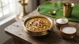 Coconut milk powder payasam with moong dal, jaggery, cashews and fried coconut