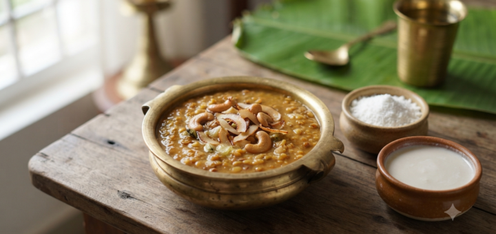 Coconut milk powder payasam with moong dal, jaggery, cashews and fried coconut
