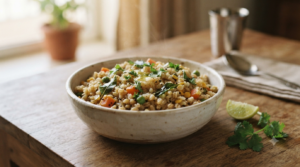 Easy wheat rava upma with vegetables and South Indian tempering
