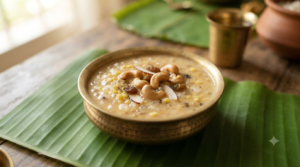Javvarisi paruppu payasam with sago, moong dal, jaggery, cashews and raisins