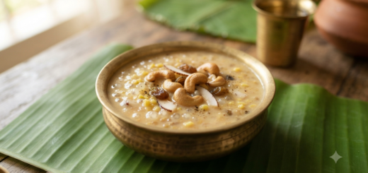 Javvarisi paruppu payasam with sago, moong dal, jaggery, cashews and raisins