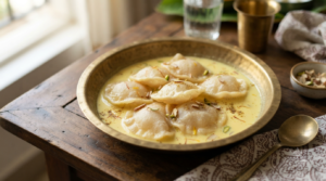 Paal poli recipe with semolina pooris soaking in saffron-cardamom condensed milk