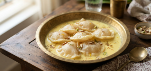 Paal poli recipe with semolina pooris soaking in saffron-cardamom condensed milk
