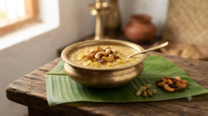 Parippu payasam with cow milk, jaggery, cashews and raisins