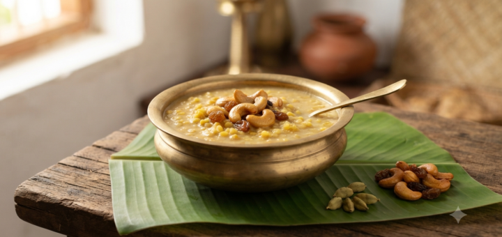 Parippu payasam with cow milk, jaggery, cashews and raisins