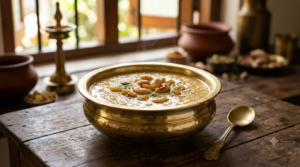 Parippu payasam with cow milk and jaggery topped with cashews and raisins