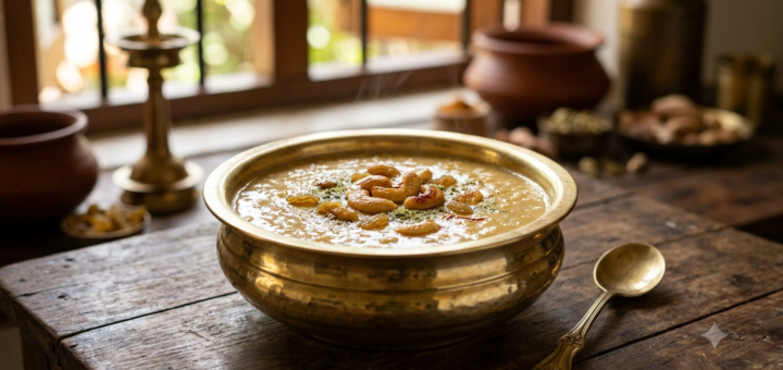 Parippu payasam with cow milk and jaggery topped with cashews and raisins