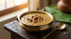 Parippu payasam without coconut with milk, jaggery, cashews and raisins