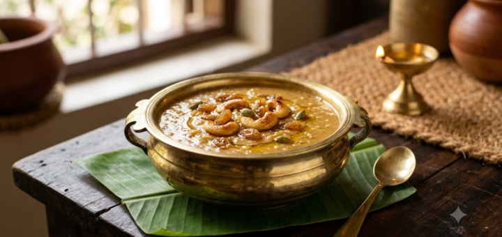 Parippu payasam without coconut milk topped with ghee-fried cashews and raisins