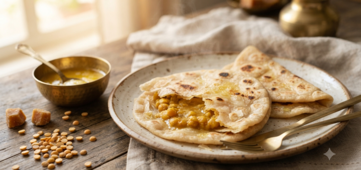 Puran poli chana dal recipe with smooth jaggery filling and ghee