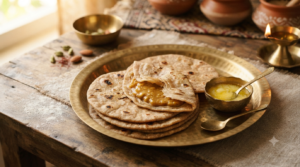 Puran Poli Gujarati Recipe with soft toor dal and jaggery vedmi on a brass plate