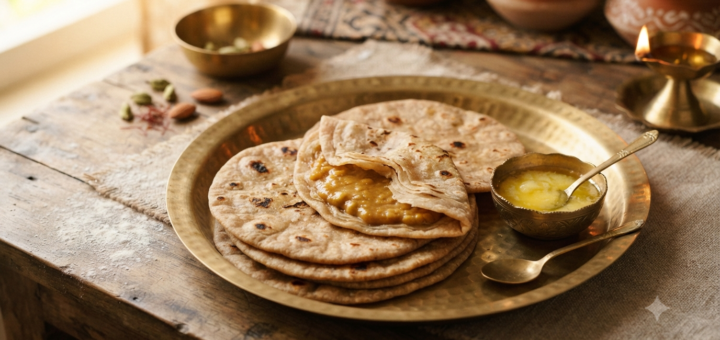 Puran Poli Gujarati Recipe with soft toor dal and jaggery vedmi on a brass plate