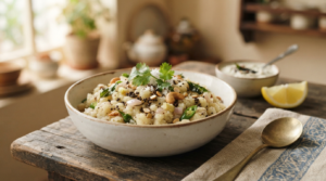 Rava upma recipe with milk served soft and creamy with curry leaves