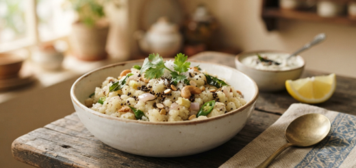 Rava upma recipe with milk served soft and creamy with curry leaves