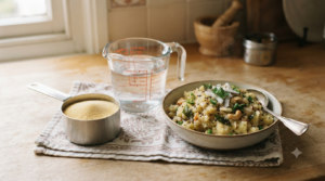 Rava upma water ratio with measured rava, water and fluffy cooked upma
