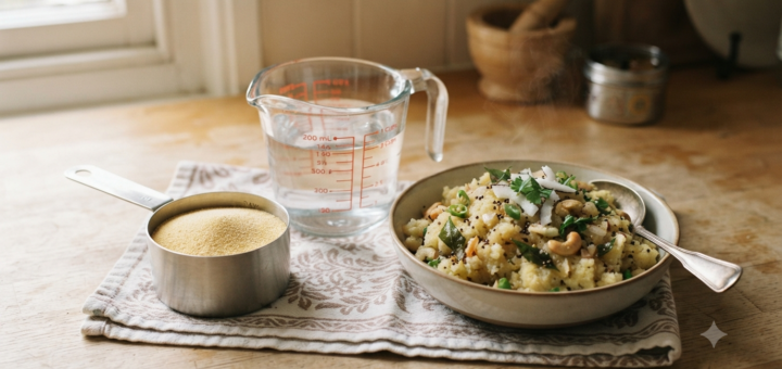 Rava upma water ratio with measured rava, water and fluffy cooked upma